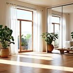**

"Bright, sun-drenched living room, large south-facing windows, sheer white curtains, light wood floors, white walls, strategically placed mirror reflecting light, indoor plants, open concept design.  Warm, inviting atmosphere, focus on natural light."

**