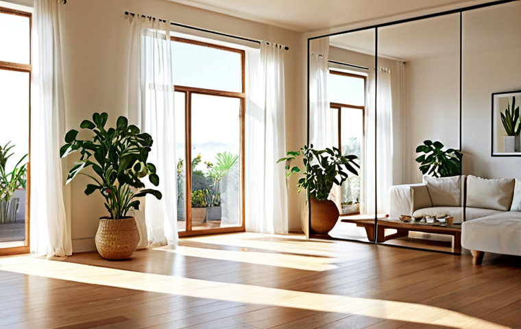 **

"Bright, sun-drenched living room, large south-facing windows, sheer white curtains, light wood floors, white walls, strategically placed mirror reflecting light, indoor plants, open concept design.  Warm, inviting atmosphere, focus on natural light."

**