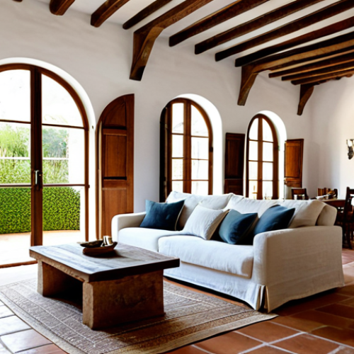 A serene traditional Spanish living room, bathed in abundant warm natural sunlight filtering gently through wide arched windows with aged wooden shutters. The space features authentic exposed wooden ceiling beams, pristine whitewashed walls, and classic terracotta floor tiles. Rustic, sturdy wooden furniture, adorned with natural linen throws in warm, earthy tones, creates an inviting atmosphere. Artisan ceramic vases and strategically placed antique mirrors amplify the natural light, enhancing the room's spacious and calming ambiance. This interior is fully clothed in its design elements, appropriate content, safe for work, family-friendly, professional photography, high quality, ultra-detailed.