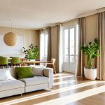 **

A bright and airy living room in a modern apartment in Madrid, Spain. Large windows showcase a view of the city. The walls are painted a light beige, and the furniture is minimalist. There's a large, strategically placed mirror reflecting the sunlight. Several potted plants are visible, adding a touch of green. The room is fully lit with a combination of natural and soft, diffused artificial light. The overall impression is one of spaciousness and tranquility.

*Safe for work, appropriate content, fully clothed, professional interior design, perfect composition, natural lighting, high quality.*

**