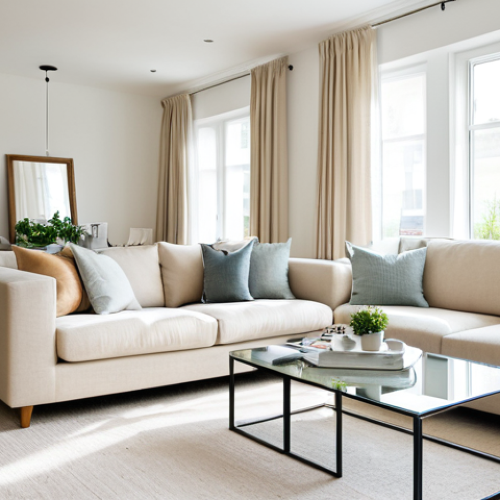 자연광을 고려한 가구 배치 노하우 - Bright and Airy Living Room**
"A modern living room with white walls, beige sofa, and a large mirro...