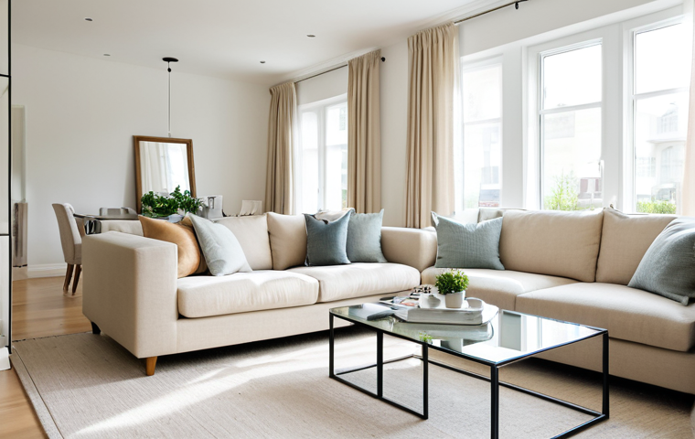 자연광을 고려한 가구 배치 노하우 - Bright and Airy Living Room**
"A modern living room with white walls, beige sofa, and a large mirro...