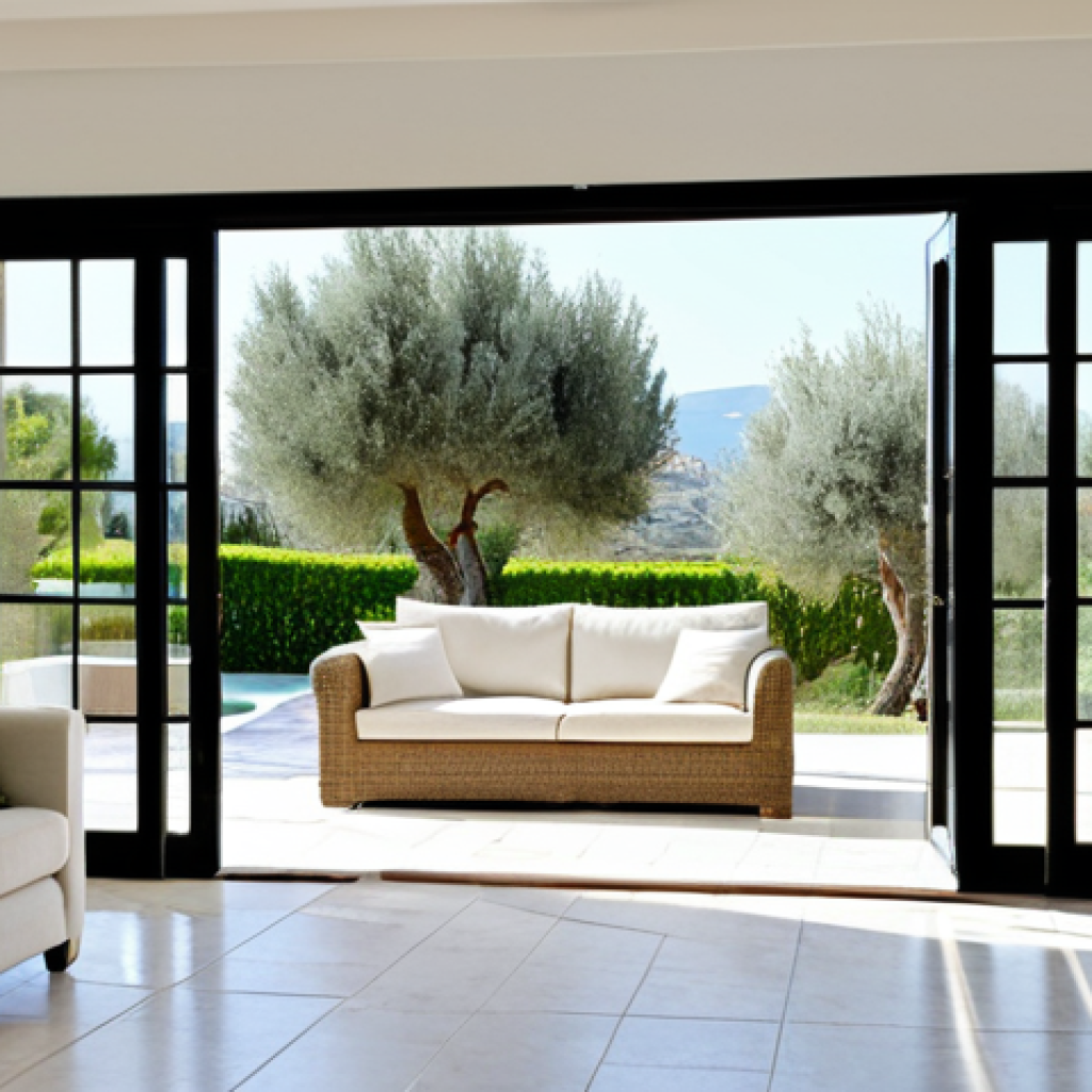 자연광을 최대한 활용하는 집 설계법 - Sunlit Living Room**
"A bright and airy living room in a Mediterranean-style villa, featuring white...
