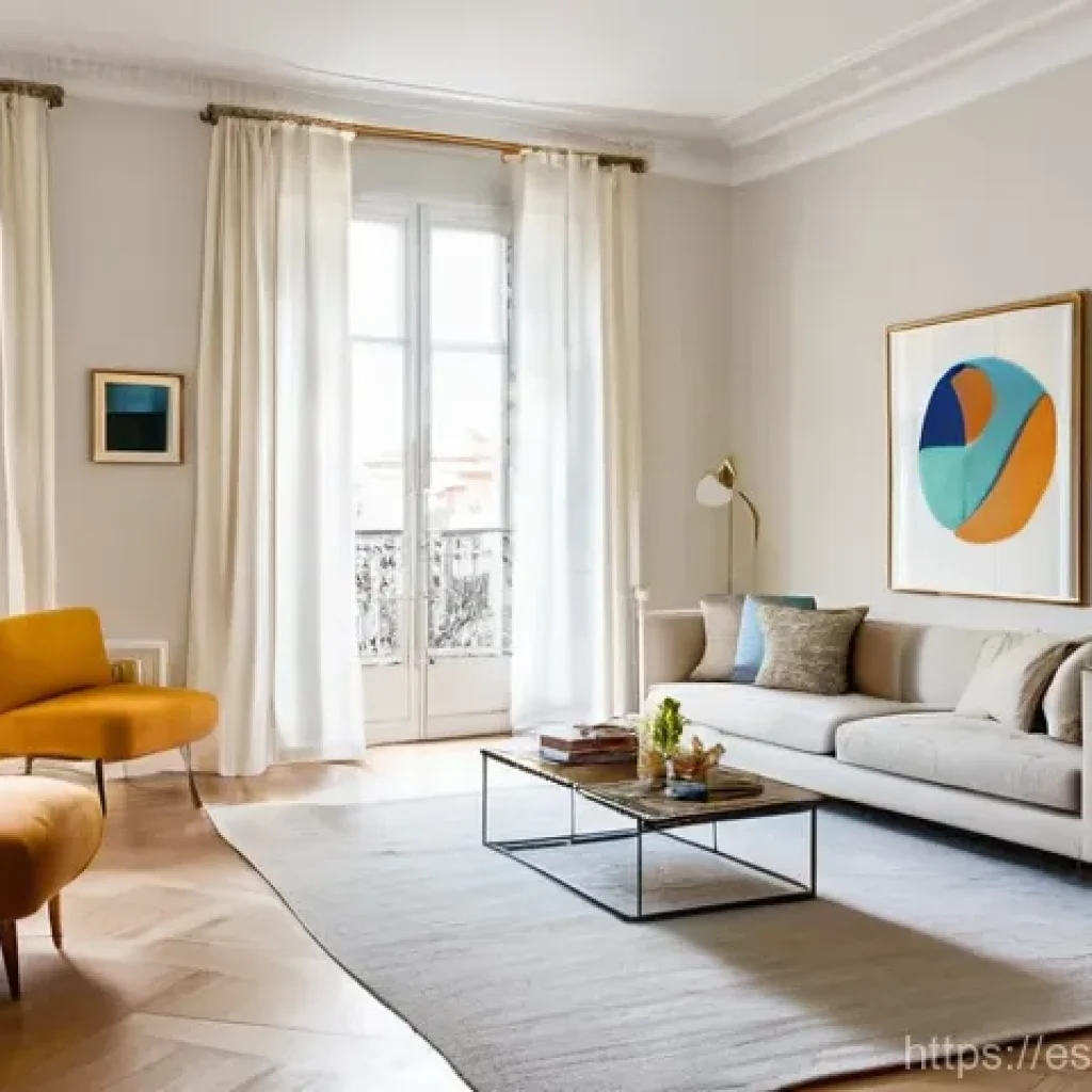 자연광을 통한 실내 분위기 전환 전략 - **Prompt:** A modern, sun-drenched living room in a stylish Madrid apartment, exuding a vibrant and ...