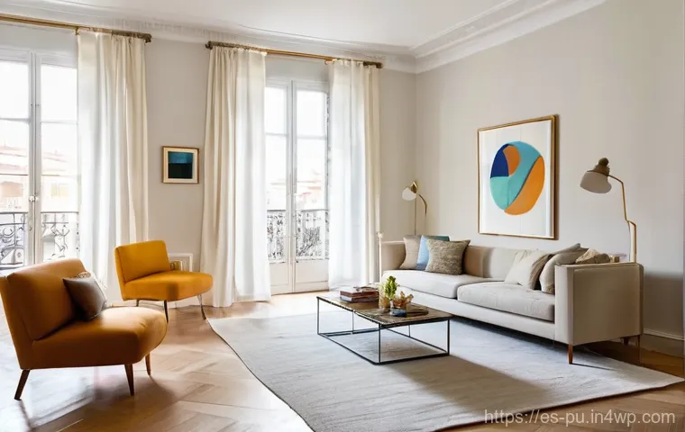 자연광을 통한 실내 분위기 전환 전략 - **Prompt:** A modern, sun-drenched living room in a stylish Madrid apartment, exuding a vibrant and ...