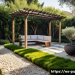 Home 20 자연광을 활용한 감각적인 조경 디자인 - A serene Mediterranean garden bathed in warm morning sunlight, featuring strategically placed olive ...