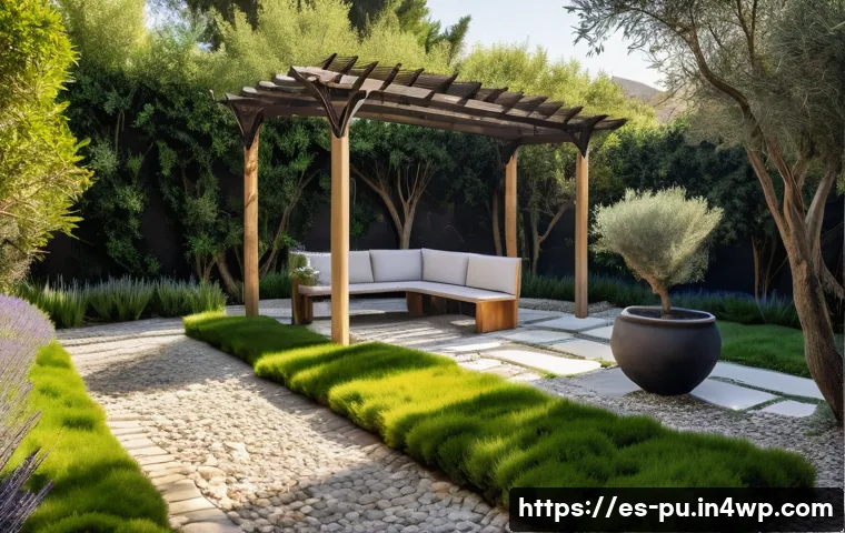 자연광을 활용한 감각적인 조경 디자인 - A serene Mediterranean garden bathed in warm morning sunlight, featuring strategically placed olive ...
