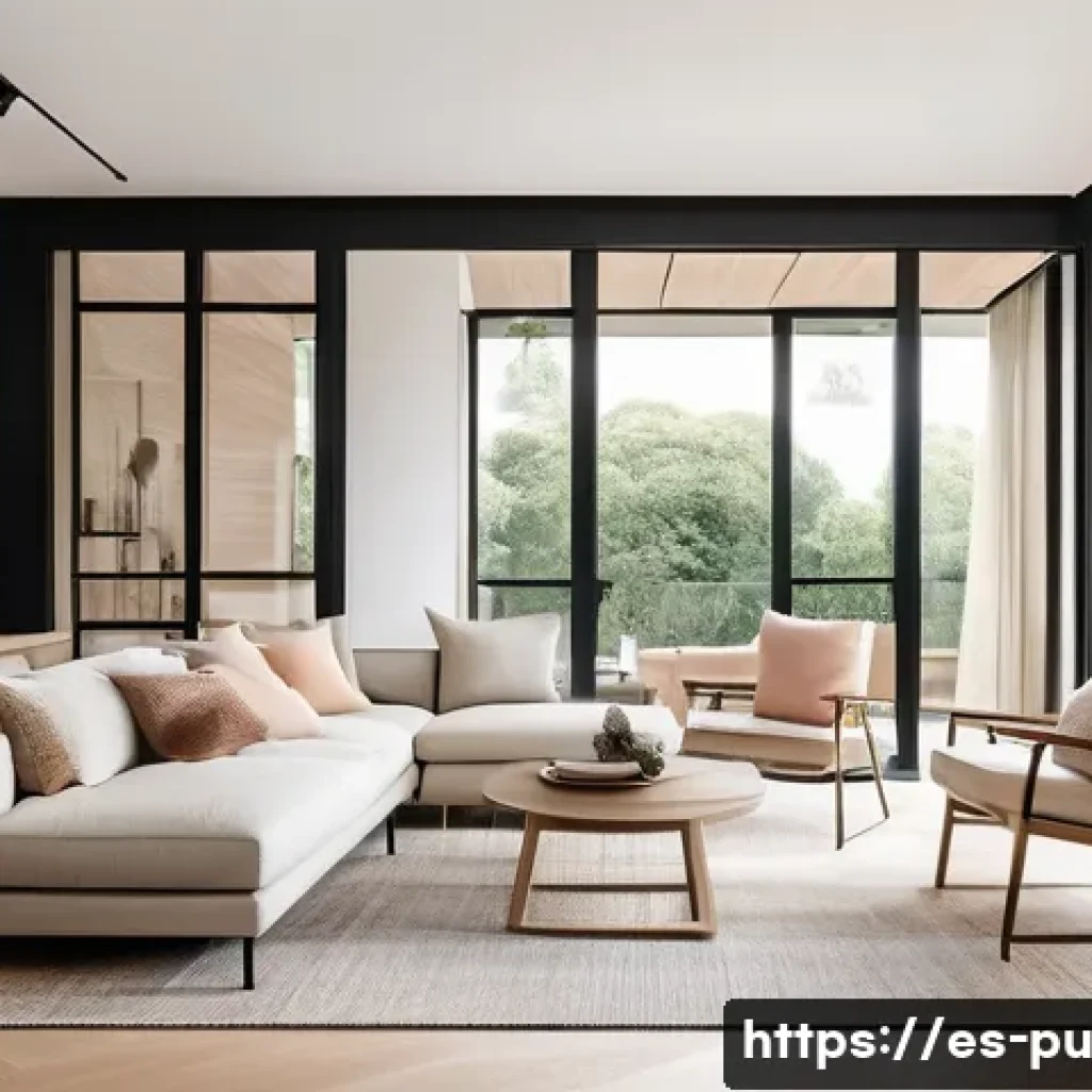 자연광을 활용한 인테리어 브랜드 추천 - A bright, modern living room interior featuring large floor-to-ceiling windows with minimalist black...
