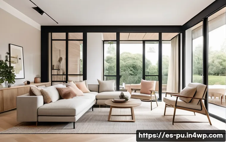 자연광을 활용한 인테리어 브랜드 추천 - A bright, modern living room interior featuring large floor-to-ceiling windows with minimalist black...