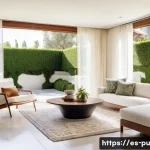 Home 18 자연광 활용을 위한 바람직한 공간 배치 - A modern living room in a Spanish-style home with large south-facing windows allowing abundant warm ...
