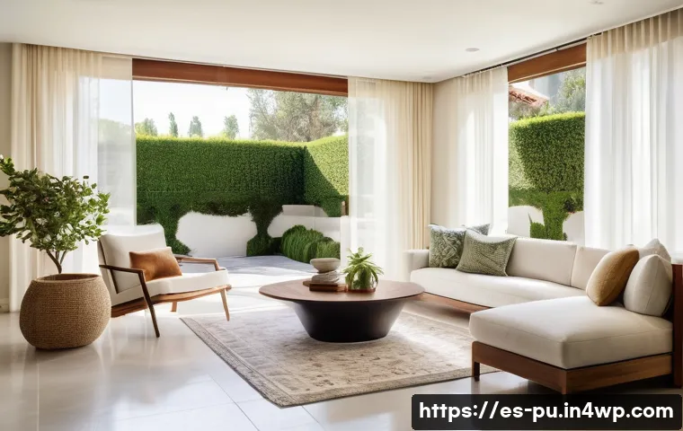 자연광 활용을 위한 바람직한 공간 배치 - A modern living room in a Spanish-style home with large south-facing windows allowing abundant warm ...