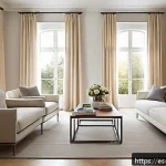 Home 23 자연광을 반사하는 인테리어 소재 - A bright, modern living room featuring walls painted with soft white satin finish paint that reflect...