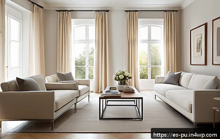 자연광을 반사하는 인테리어 소재 - A bright, modern living room featuring walls painted with soft white satin finish paint that reflect...